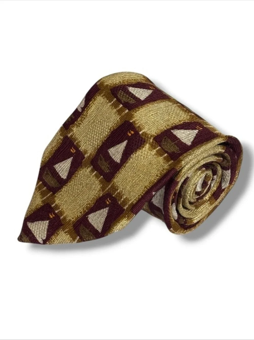 ERMENEGILDO ZENGA Yellow, Tan, & Red Silk Square Pattern Sailboats Tie VINTAGE